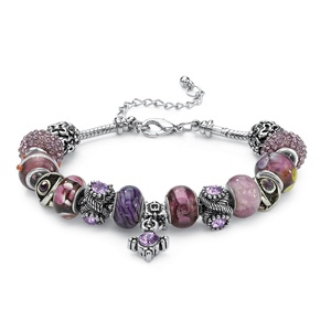 PalmBeach Jewelry Round Purple Crystal Silvertone Bali-Style Beaded Charm and Spacer Bracelet 8&quot;