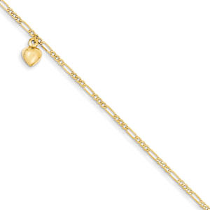 14k Yellow Gold Polished 2mm Figaro Link Dangling Heart Anklet - 10 Inch - Spring Ring