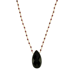 Genuine Garnet Bead Wrapped Chain w/ Black Onyx Pendant Gold Over Silver, 17&quot; Necklace