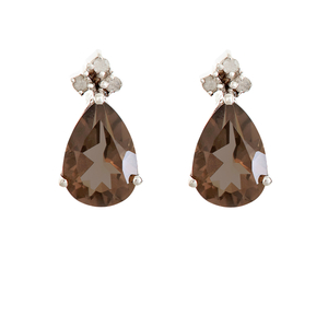 Ladies Sterling Silver Pear Shape Genuine Smokey Quartz Gemstone with .10 cttw Diamond Earrings