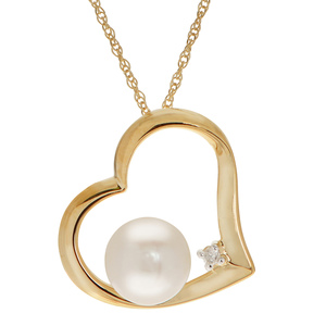 PearLustre by Imperial 10K White Freshwater Pearl and Diamond Heart Pendant