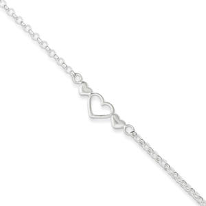 Sterling Silver Polished Triple Heart Anklet - 10 Inch - Spring Ring