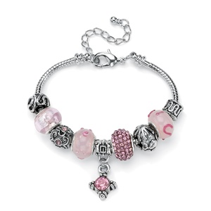 PalmBeach Jewelry Round Pink Crystal Silvertone Bali-Style Beaded Charm and Spacer Bracelet 8&quot;