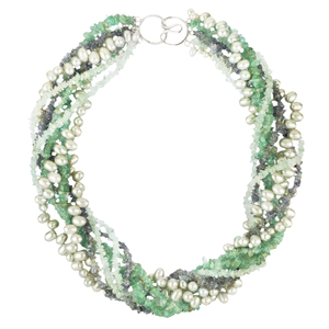 Lita Sterling Silver Multi Row Torsade With Apatite, Iolite And Aqua Chips And White and Grey Pearls