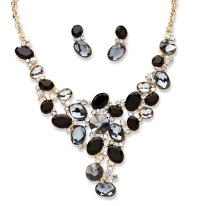 PalmBeach Jewelry 2 Piece Black and Grey Crystal Necklace and Earrings Set in Yellow Gold Tone
