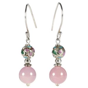 Lita Sterling Silver Rose Quartz and Cloisonne Dead Drop Earrings
