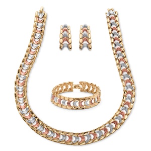 PalmBeach Jewelry Tri-Tone Rose, Gold and Grey Ion-Plated Interlocking Snake-Link Three-Piece Jewelry Set