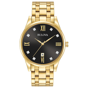 Mens Diamond Gold-Tone Stainless Steel Watch Black Dial