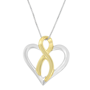 14k Yellow Gold and Sterling Silver Heart Bow Pendant Necklace