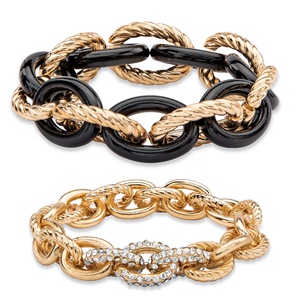 PalmBeach Jewelry Oval-Link Designer-Inspired Crystal Accent 2-Piece Stretch Bracelet Set in Gold Tone and Black Ion-Plated 8"