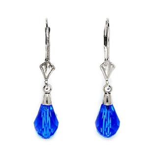 14k White Gold Capri Blue 9x6mm Swarovski Element Pear Drop Leverback Earrings - Measures 29x6mm