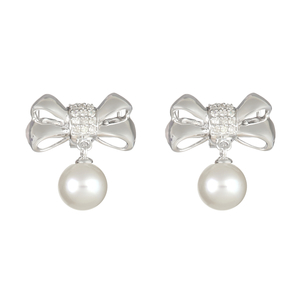 Ladies Sterling Silver .20 cttw Diamond Bow and Genuine White Pearl Dangle Earrings