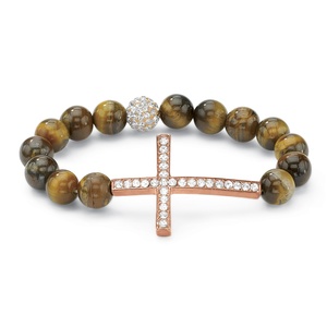 PalmBeach Jewelry Round Genuine Tiger's Eye Crystal Accent Rose Gold-Plated Horizontal Cross Stretch Bracelet 8"