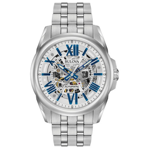 Mens Automatic Silver Stainless Steel Watch Skeleton Dial