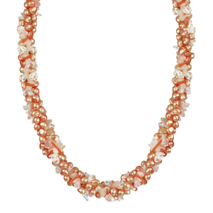 2 Strand Freshwater Pearl and Rose Quartz Chip Twister Necklace, 36&quot;