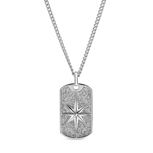 Sterling Silver Glitter Star Dog Tag Pendant with 24 Inch Steel Curb Chain