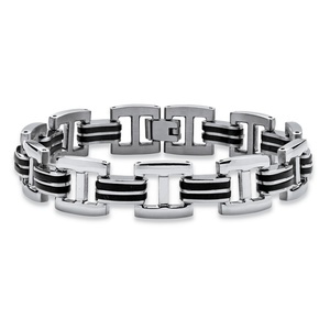 PalmBeach Jewelry Men's Two-Tone Bar-Link Bracelet in Stainless Steel and Black Rubber 8 3/4&quot;