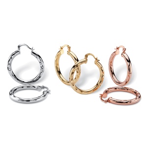 PalmBeach Jewelry Tri-Tone 3-Pair Set of Hoop Earrings in Gold Tone, Rose Tone and Silvertone 1.5&quot;