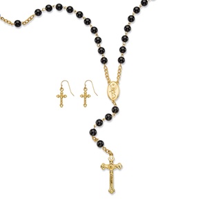 PalmBeach Jewelry Genuine Black Onyx 2-Piece Beaded Rosary Necklace and Cross Earrings Set in Gold Tone 34&quot;