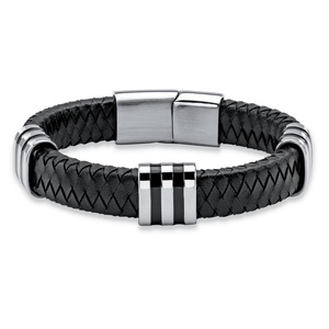 PalmBeach Jewelry Men's Black Woven Genuine Leather Bracelet with Magnetic Closure in Stainless Steel 8.5&quot;