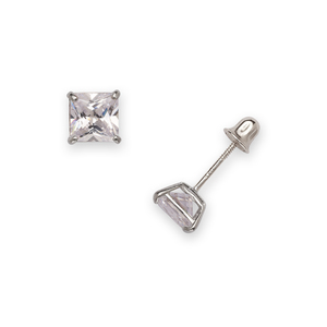14k White Gold 4mm Square Princess Cubic Zirconia Screwback Earrings