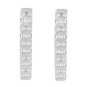 10k White Gold 1 CTW Round and Baguette Diamond Hoop Earrings(I-J, I2-I3)