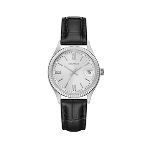 Ladies Roman Numeral Black Leather Strap Watch White Dial