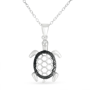 Black and White Diamond Accent Turtle Pendant in Sterling Silver