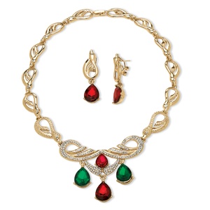 PalmBeach Jewelry 2 Piece Jewel-Tone Crystal Jewelry Set in Yellow Gold Tone