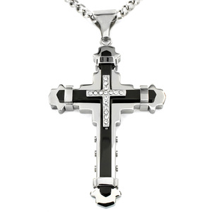 Crucible Black Plated and Silvertone Stainless Steel Cubic Zirconia Multi-layer Cross Necklace