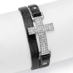 PalmBeach Jewelry Crystal Accent Silvertone Double-Wrap Leather Cross Bracelet Adjustable 6&quot; to 8&quot;