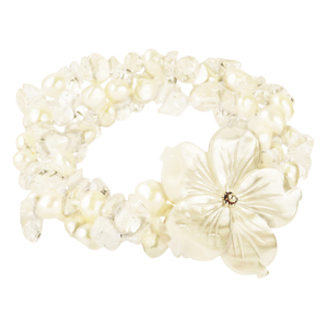 Lita Mother- Of-Pearl Flower With White Fresh Water Pearl Stretch Bracelet