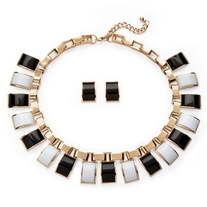 PalmBeach Jewelry 2 Piece Black and White Necklace and Earrings Set in Yellow Gold Tone