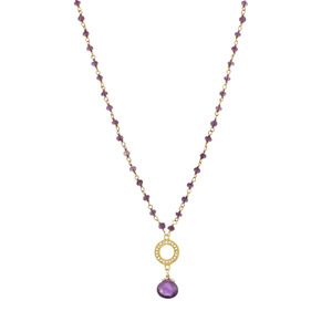 Genuine Faceted Amethyst Rondelle Wrapped Chain w/ CZ & Amethyst Heart Pendant Gold Over Silver, 18&quot; Necklace