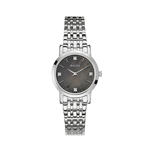Ladies Silver-Tone Diamond Watch Black Mother-of-Pearl Dial