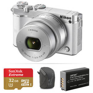 1 J5 Mirrorless Digital Camera with 10-30mm Lens and Accessories Kit (White)