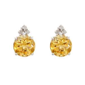 Ladies Sterling Silver 8mm Round Genuine Citrine Gemstone and .10 cttw Diamond Earrings