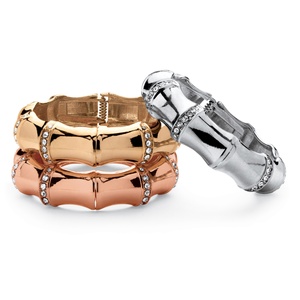 PalmBeach Jewelry Three-Piece Set of Crystal Bamboo Hinged Bangle Bracelets in Silvertone, Gold Tone, and Rose-Plated