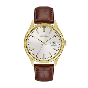 Mens Gold Case Brown Croc Strap Watch White Dial