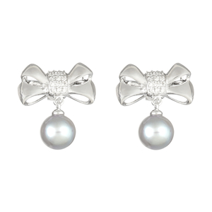 Ladies Sterling Silver .20 cttw Diamond Bow and Genuine Gray Pearl Dangle Earrings