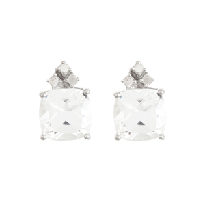 Ladies Sterling Silver 8mm Cushion Cut Genuine White Topaz Gemstone and .10 cttw Diamond Earrings