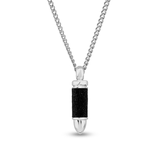Sterling Silver Black Glitter Bullet Pendant with 24 Inch Steel Curb Chain