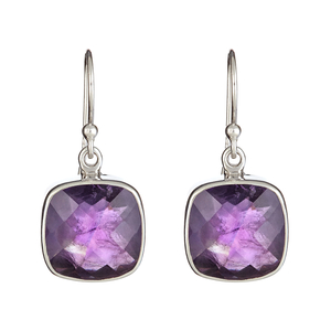 Ladies Sterling Silver Cushion Cut Genuine Amethyst Gemstone Dangle Earrings
