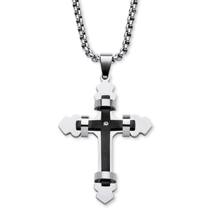 PalmBeach Jewelry Crystal Accent Gothic Layered Cross Necklace in Black Ion-Plated Stainless Steel 24&quot;