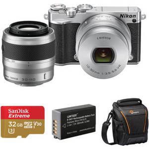 1 J5 Mirrorless Digital Camera with 10-30mm and 30-110mm Lenses and Accessories Kit (Silver)